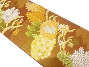 樹木に草花模様織り出し 袋帯